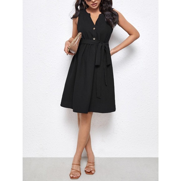 Maternity Button down Belted tank mini Dress black - Picture 6 of 6